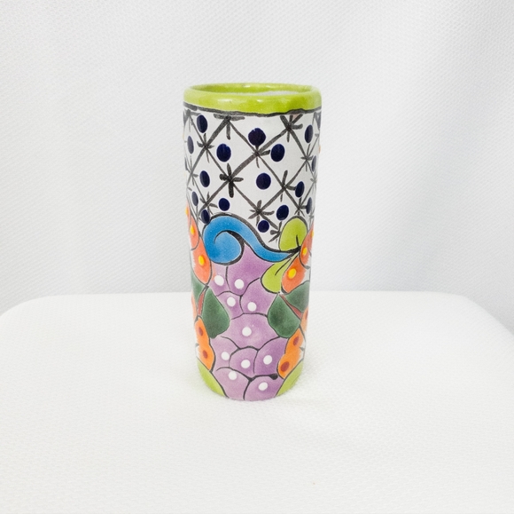 Talavera Mexican Green Rim Redware Pottery Vase - Picture 4 of 6